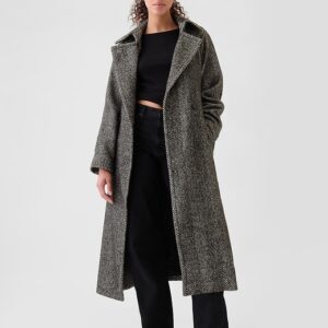 Double-Breasted Herringbone Belted Trench Coat